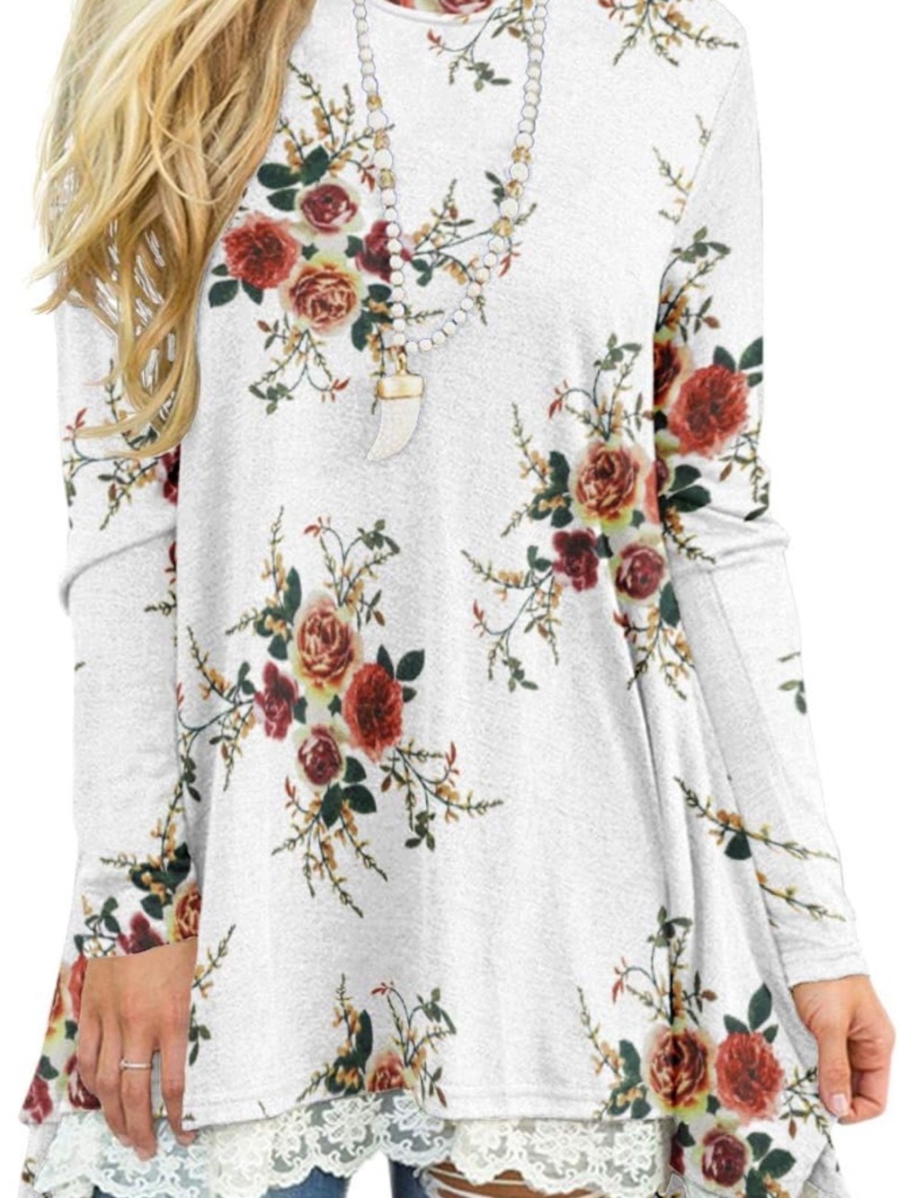 Sanifer Floral Print Scoop Neck Top in White with Pink Accents